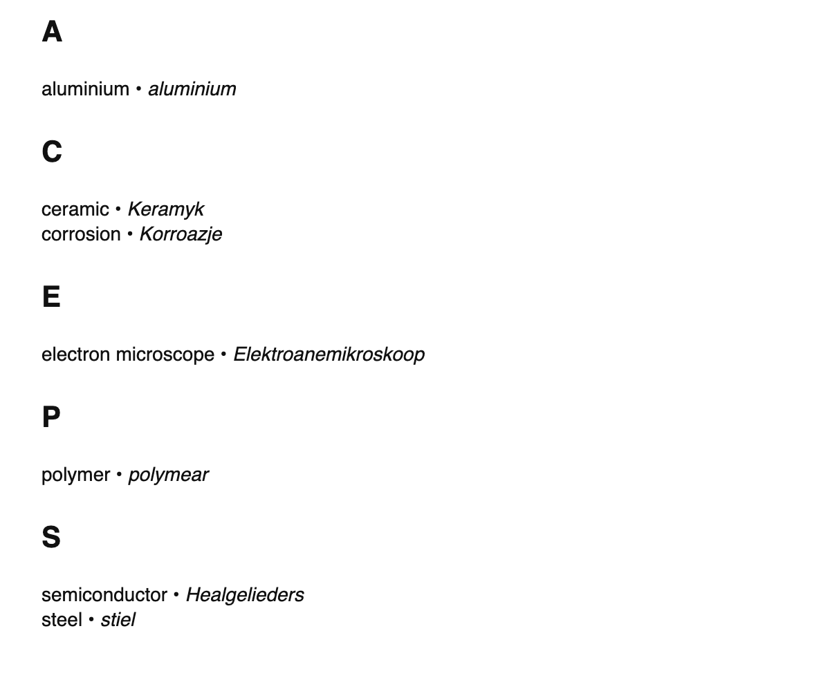 Materials science terms in West Frisian