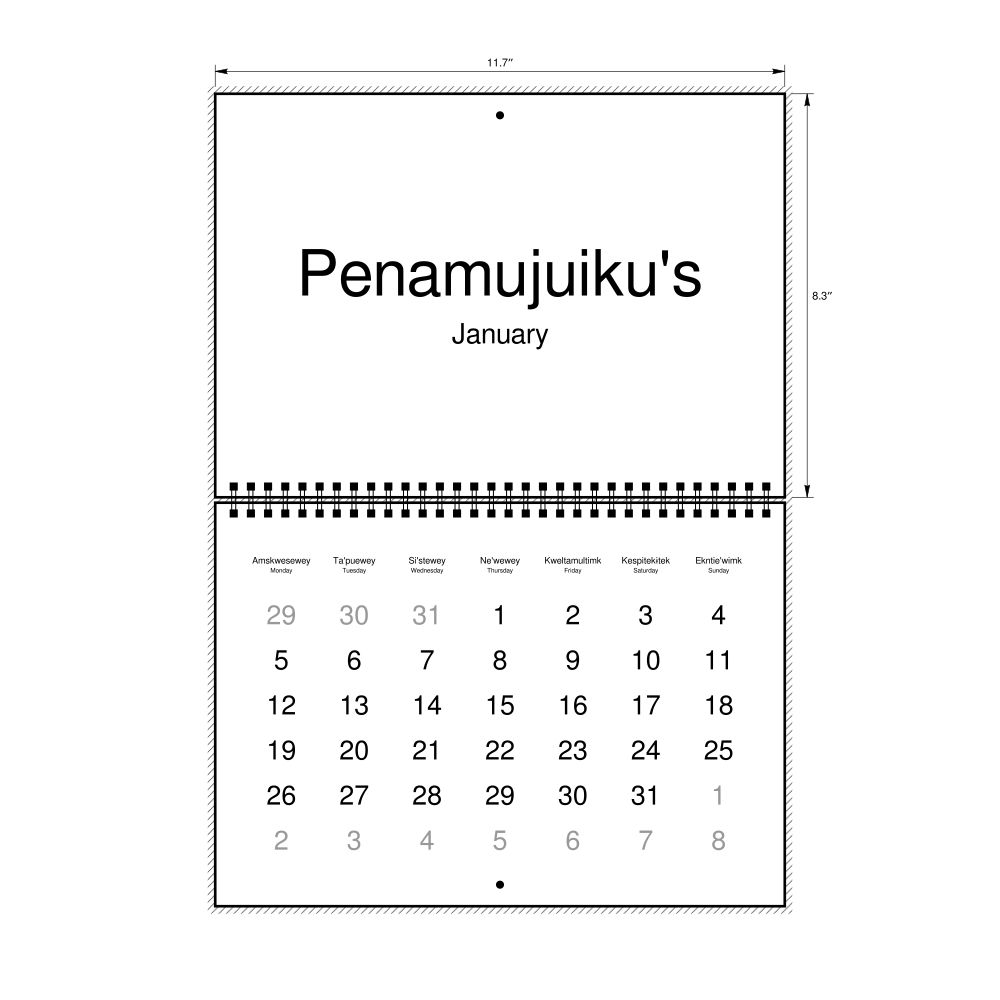 Leskoff 2026 Wall Calendar, Mi'kmaq/English-Labeled, Monday-Start Layout, Wire-Bound, 11.7 x 8.3 in (29.7 x 21.0 cm), image 1 of 1