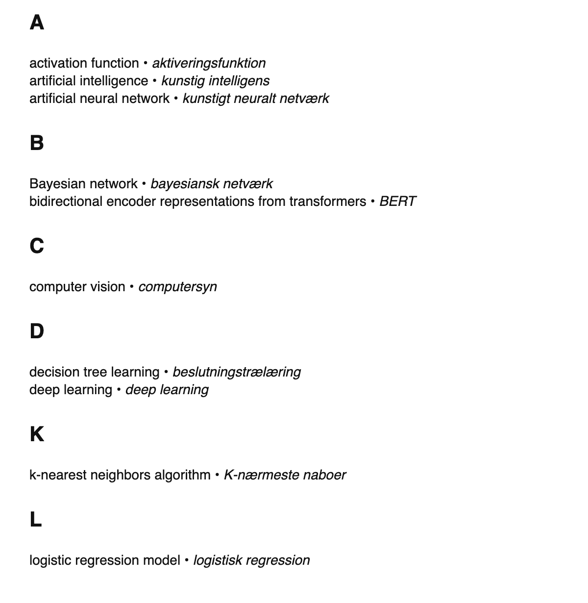 AI/ML terms in Danish