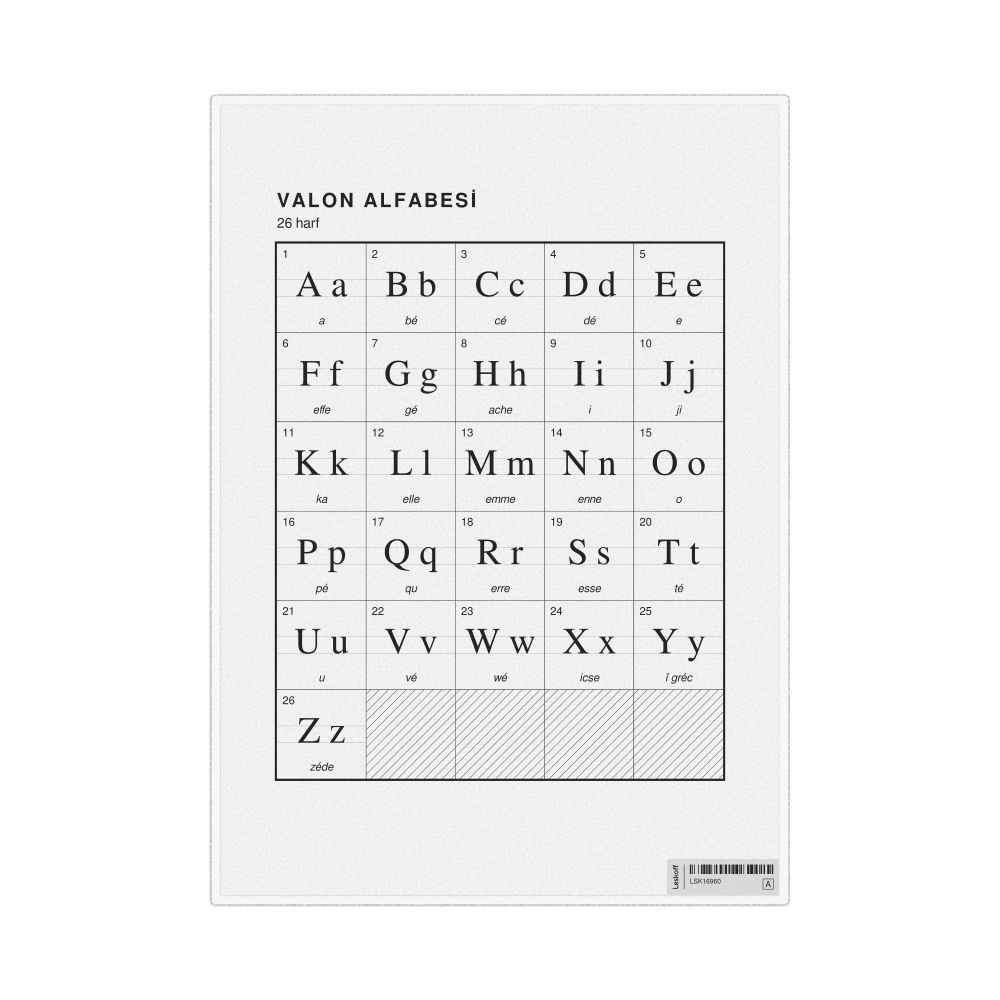 Leskoff Walloon Alphabet Chart, 8.3 x 11.7 in (21.0 x 29.7 cm, Desk Chart, Laminated), Turkish-Labeled, image 1 of 2