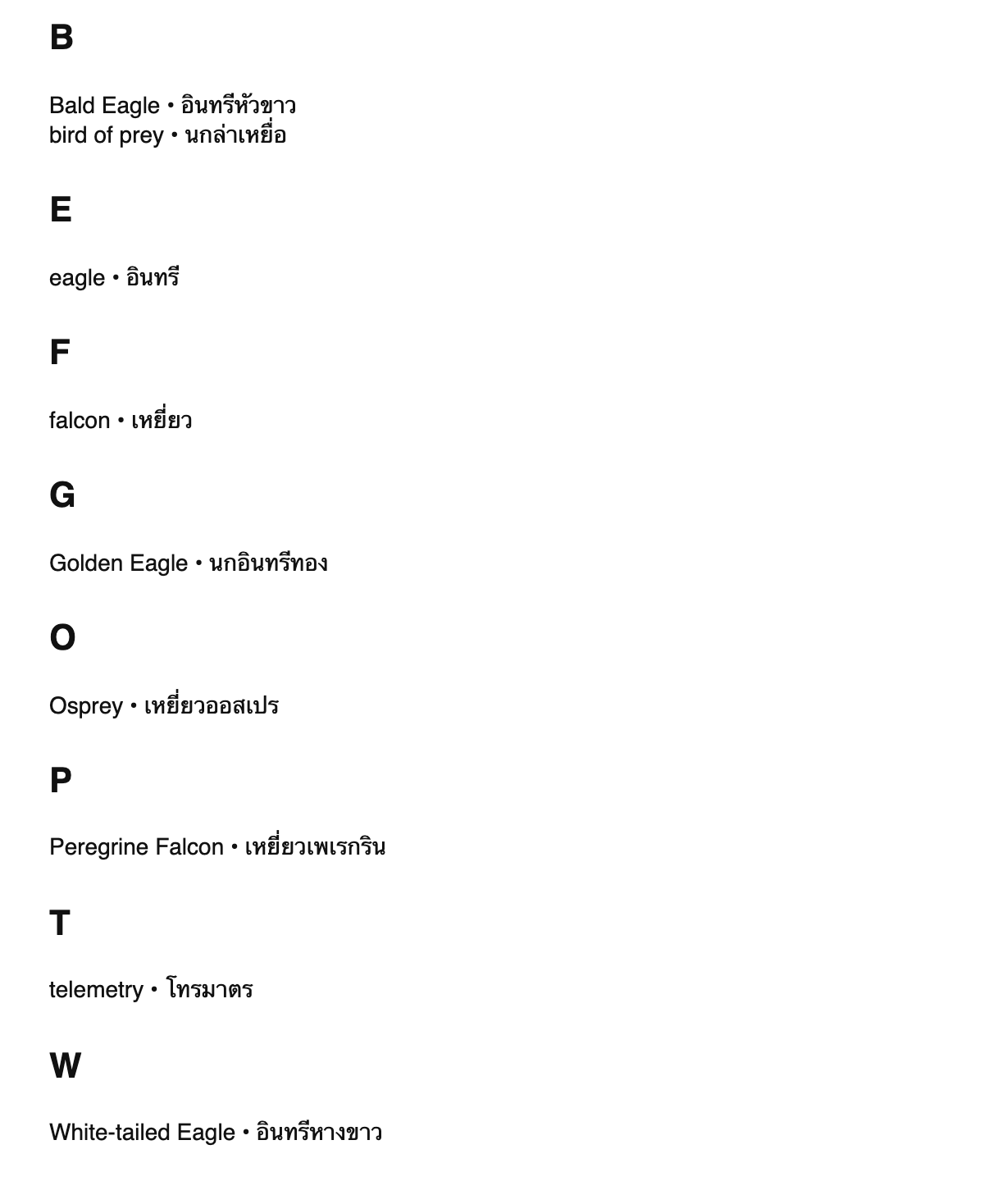 Falconry terms in Thai