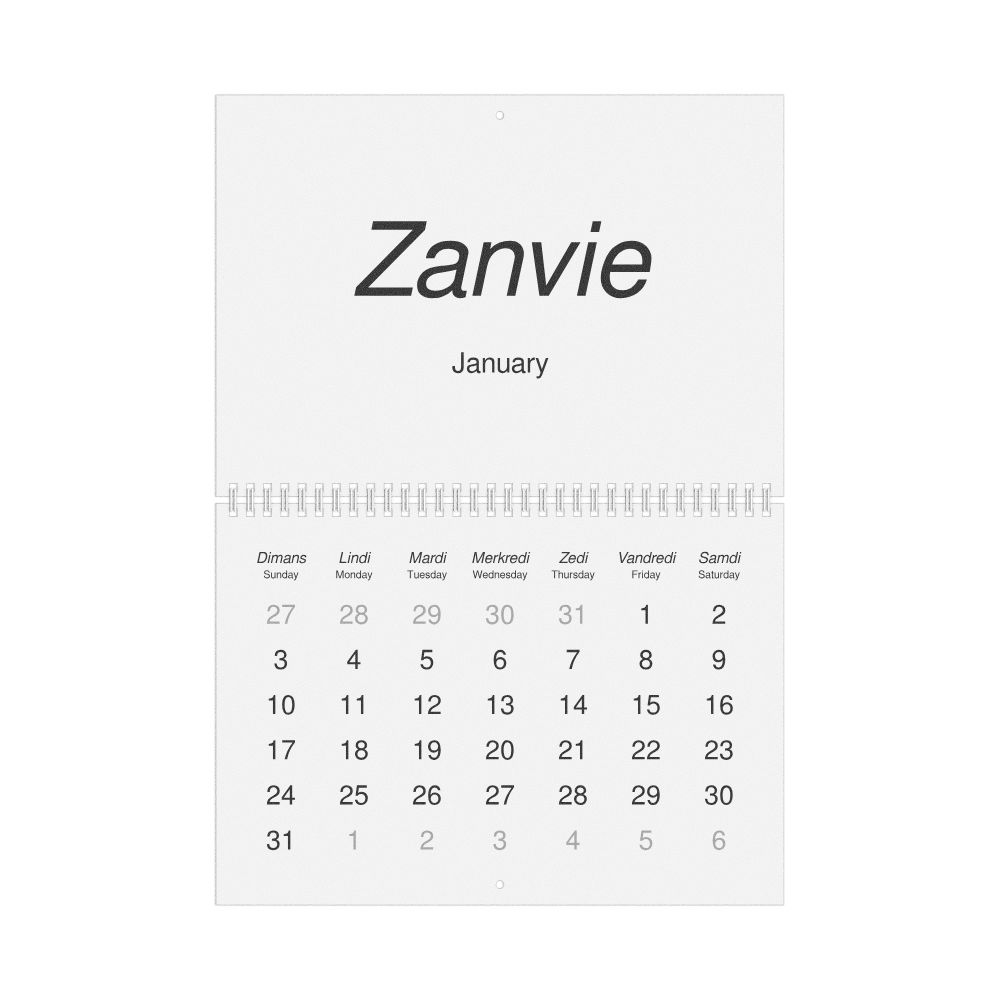 Leskoff 2027 Wall Calendar, Mauritian Creole/English-Labeled, Sunday-Start Layout, Wire-Bound, 11.7 x 8.3 in (29.7 x 21.0 cm), image 1 of 1