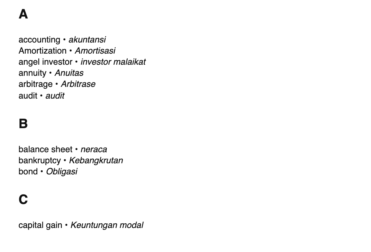 Finance terms in Indonesian