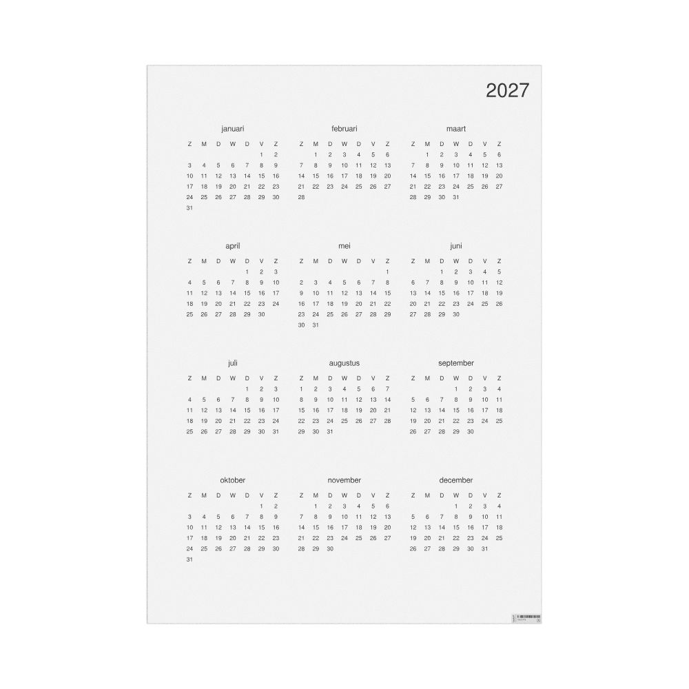 Leskoff 2027 Wall Calendar, Dutch-Labeled, Sunday-Start Layout, Poster / Wall Print, 23.4 x 33.1 in (59.4 x 84.1 cm), image 1 of 1