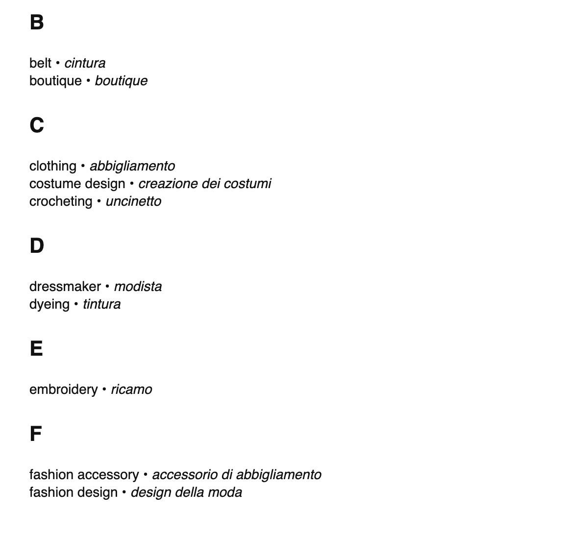 Fashion design terms in Italian