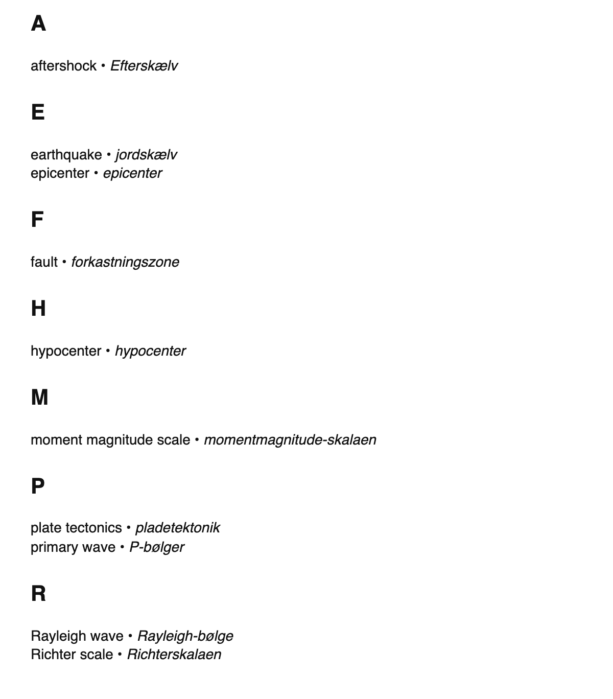 Seismology terms in Danish