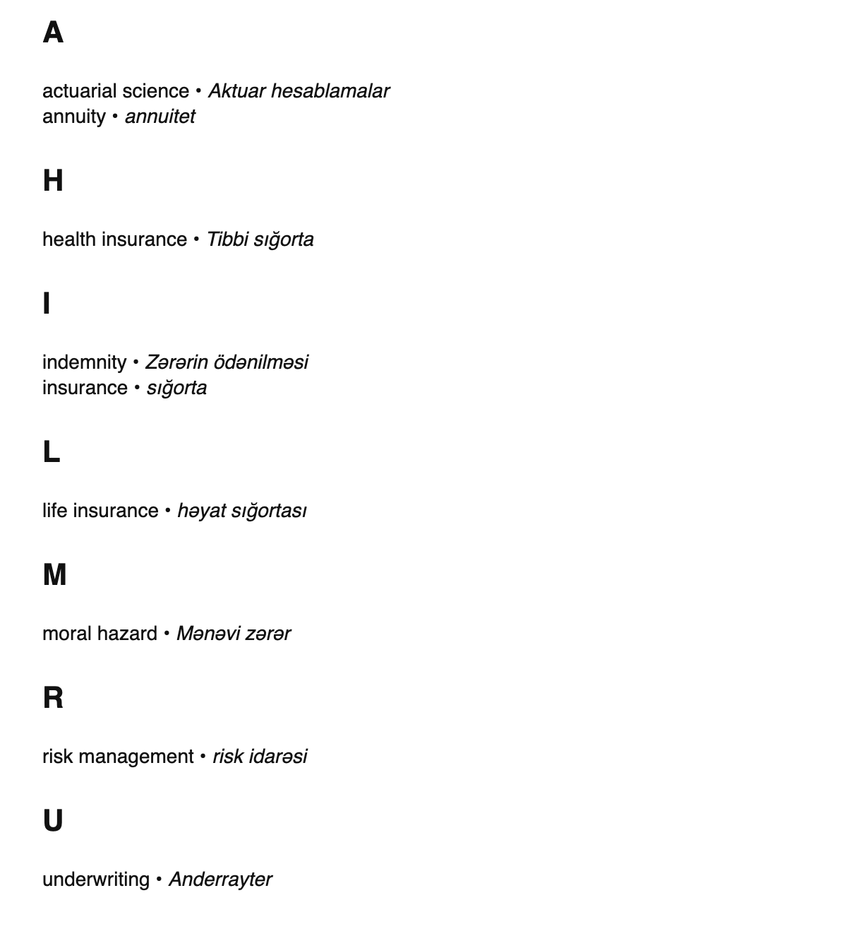 Insurance terms in Azerbaijani