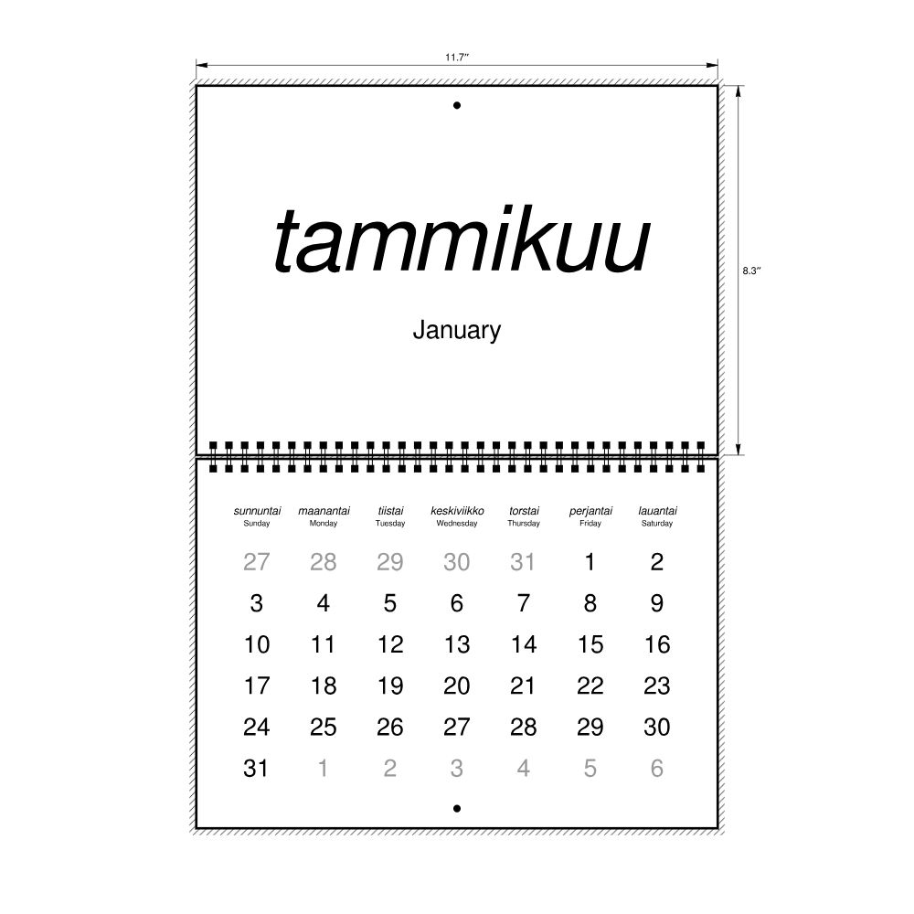 Leskoff 2027 Wall Calendar, Finnish/English-Labeled, Sunday-Start Layout, Wire-Bound, 11.7 x 8.3 in (29.7 x 21.0 cm), image 2 of 2