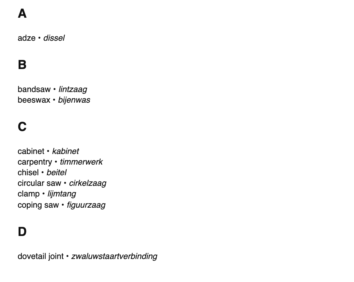 Woodworking terms in Dutch