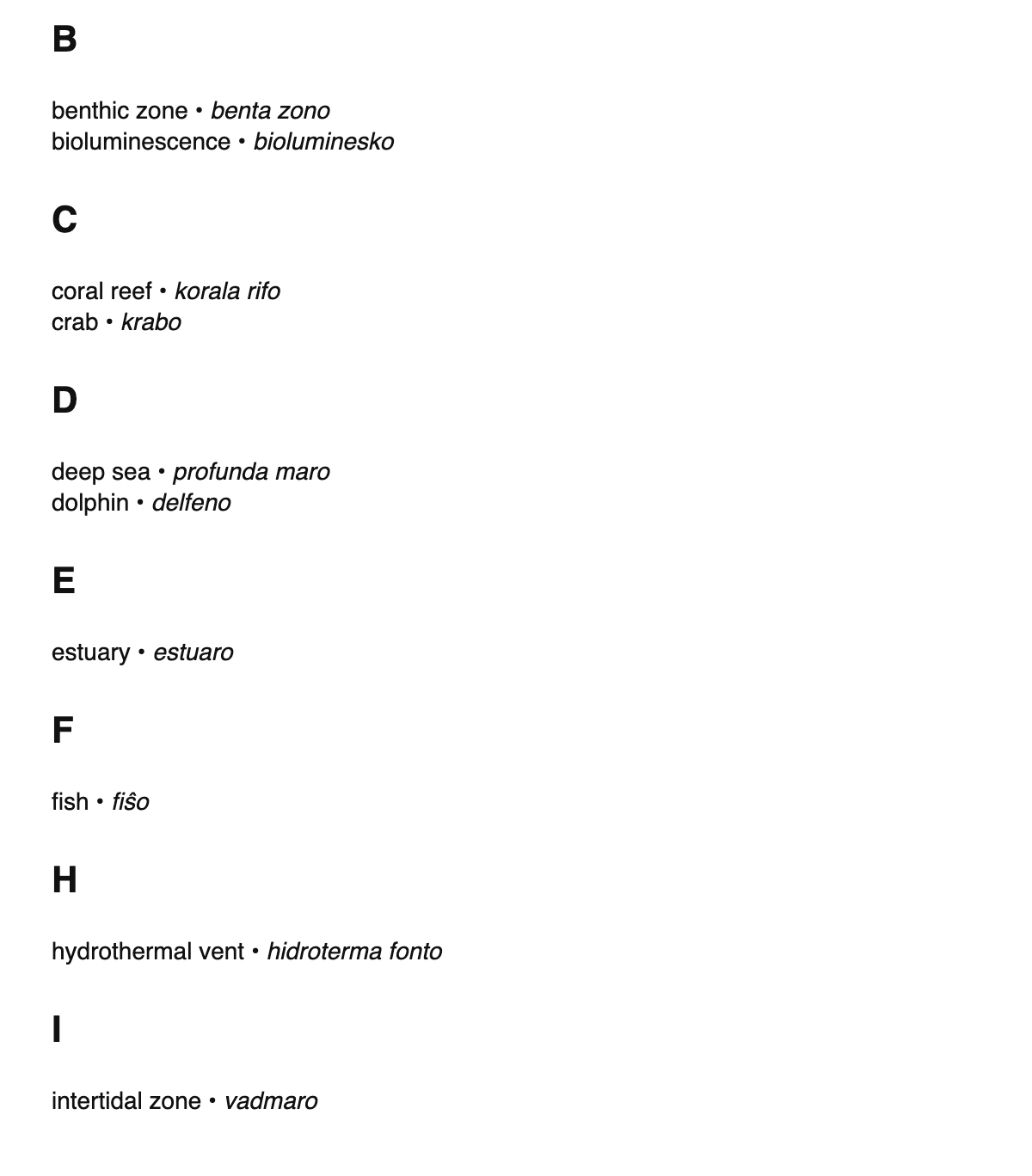 Marine biology terms in Esperanto