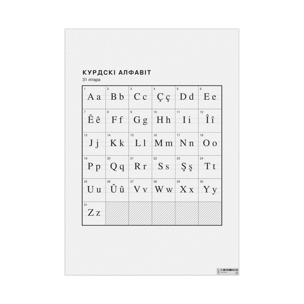 Leskoff Kurdish Alphabet Chart, 23.4 x 33.1 in (59.4 x 84.1 cm, Poster / Wall Chart), Belarusian-Labeled, image 1 of 2