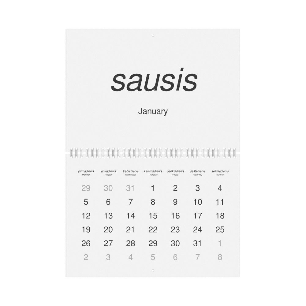 Leskoff 2026 Wall Calendar, Lithuanian/English-Labeled, Monday-Start Layout, Wire-Bound, 11.7 x 8.3 in (29.7 x 21.0 cm), image 1 of 1