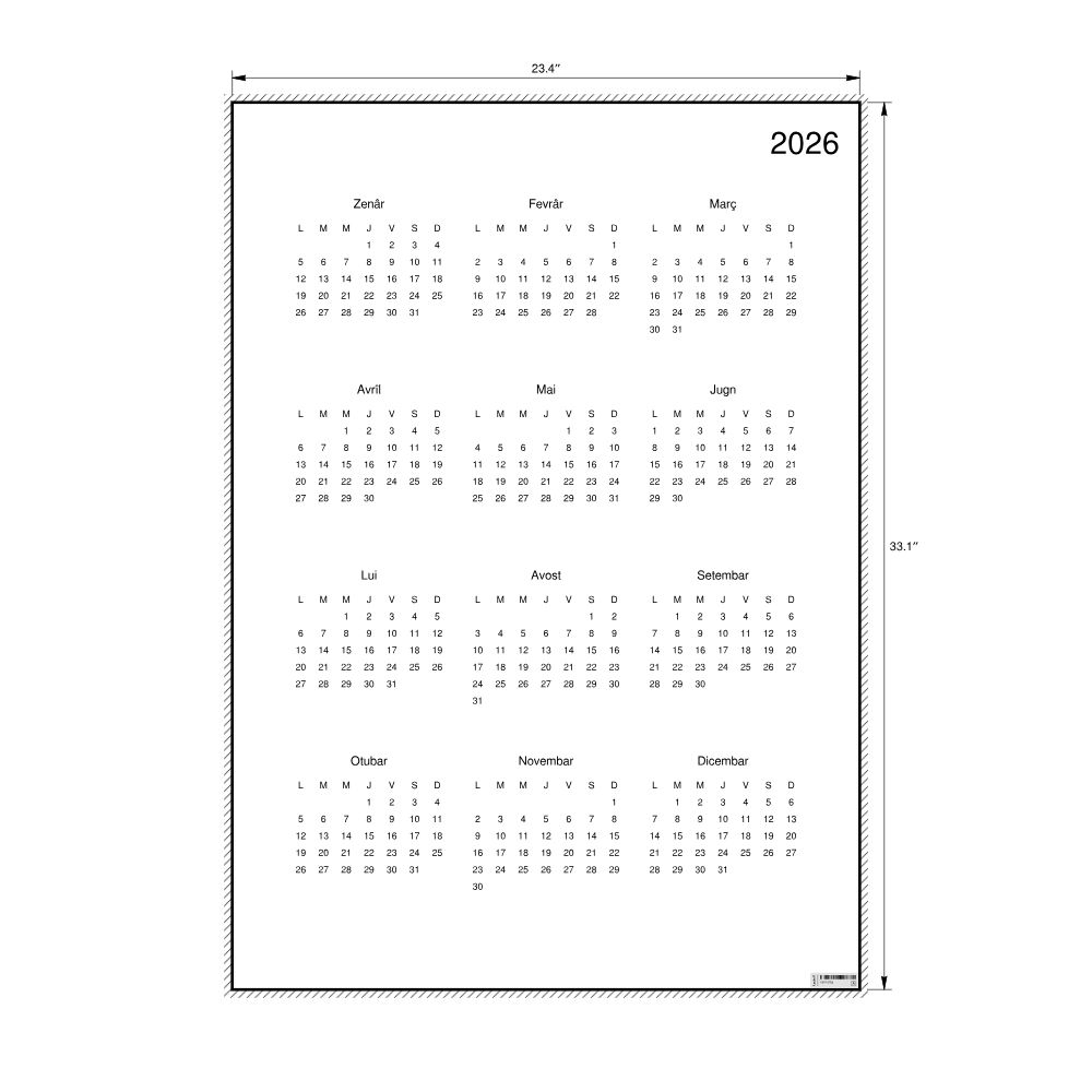 Leskoff 2026 Wall Calendar, Friulian-Labeled, Monday-Start Layout, Poster / Wall Print, 23.4 x 33.1 in (59.4 x 84.1 cm), image 2 of 2