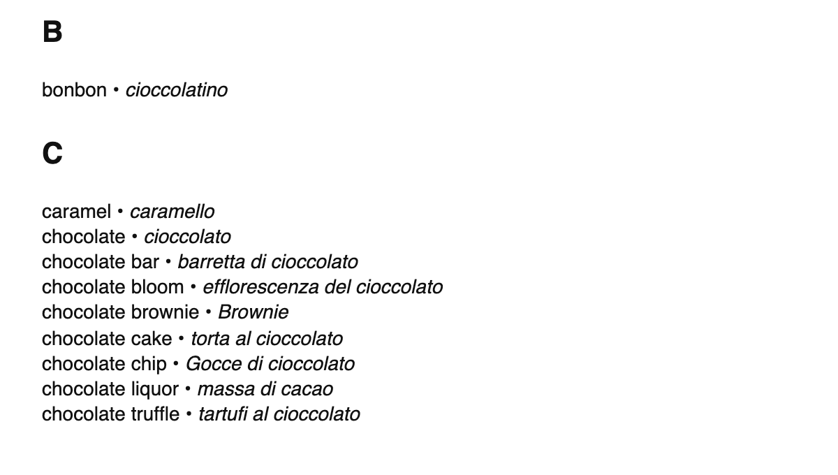 Chocolate terms in Italian