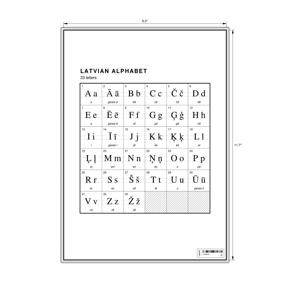 Leskoff Latvian Alphabet Chart, 8.3 x 11.7 in (21.0 x 29.7 cm, Desk Chart, Laminated), image 1 of 2