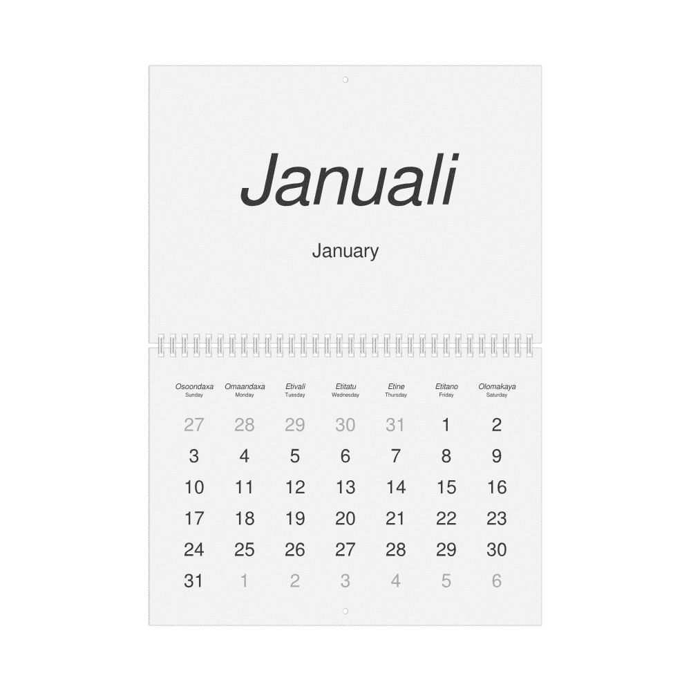 Leskoff 2027 Wall Calendar, Kwanyama/English-Labeled, Sunday-Start Layout, Wire-Bound, 11.7 x 8.3 in (29.7 x 21.0 cm), image 1 of 1