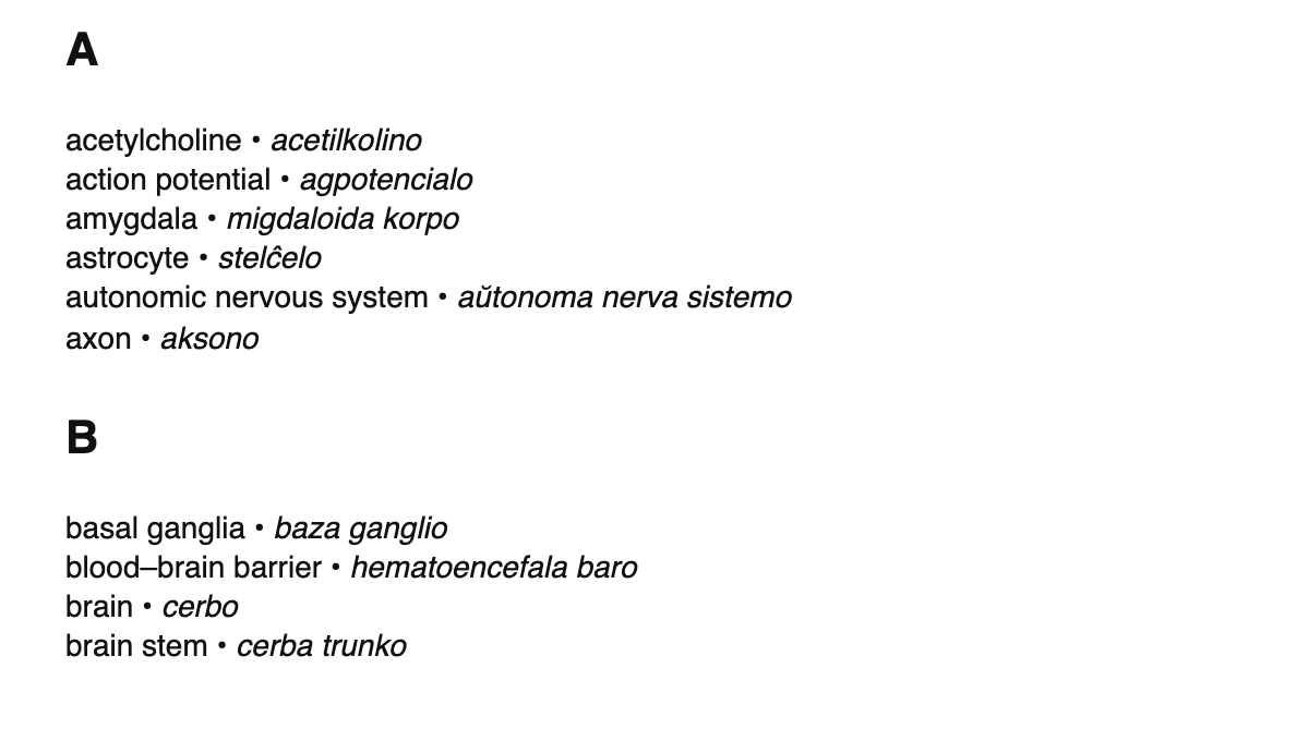 Neuroscience terms in Esperanto