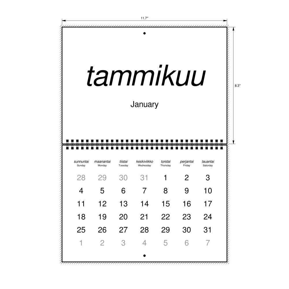 Leskoff 2026 Wall Calendar, Finnish/English-Labeled, Sunday-Start Layout, Wire-Bound, 11.7 x 8.3 in (29.7 x 21.0 cm), image 2 of 2