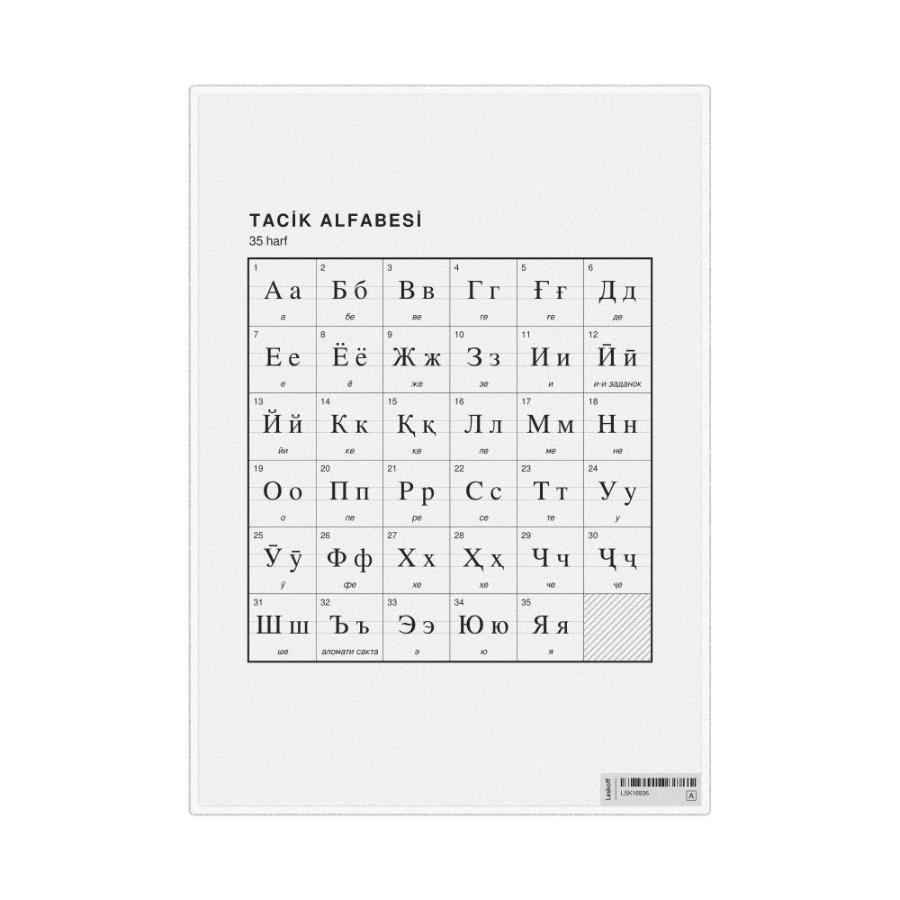 Leskoff Tajik Alphabet Chart, 8.3 x 11.7 in (21.0 x 29.7 cm, Desk Chart, Laminated), Turkish-Labeled, image 1 of 2