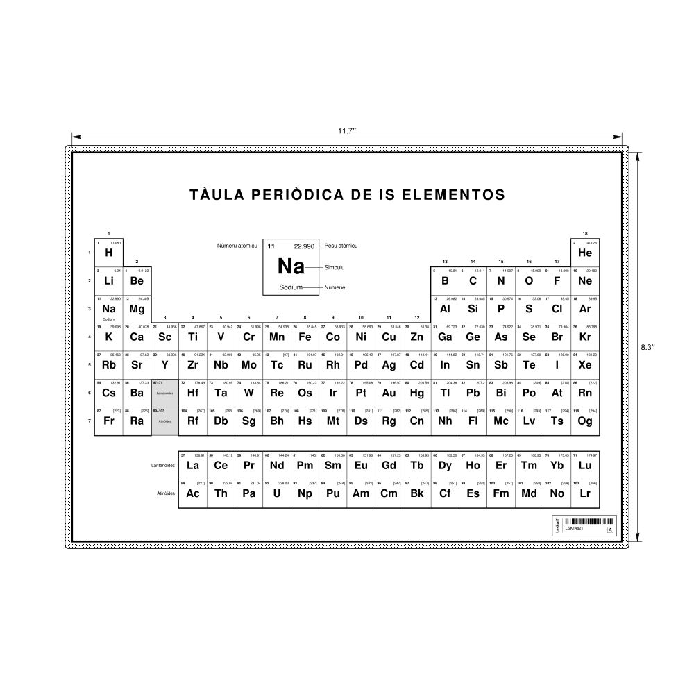 Leskoff Periodic Table Chart, 11.7 x 8.3 in (29.7 x 21.0 cm, Desk Chart, Laminated), 18-Column Layout, Sardinian-Labeled, image 1 of 2