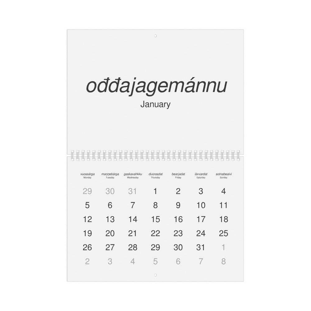 Leskoff 2026 Wall Calendar, Northern Sámi/English-Labeled, Monday-Start Layout, Wire-Bound, 11.7 x 8.3 in (29.7 x 21.0 cm), image 1 of 1