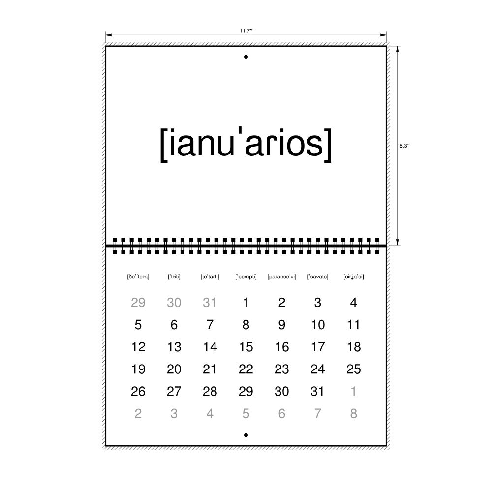 Leskoff 2026 Phonetic Wall Calendar, IPA-Labeled (Greek), Monday-Start Layout, Wire-Bound, 11.7 x 8.3 in (29.7 x 21.0 cm), image 2 of 2