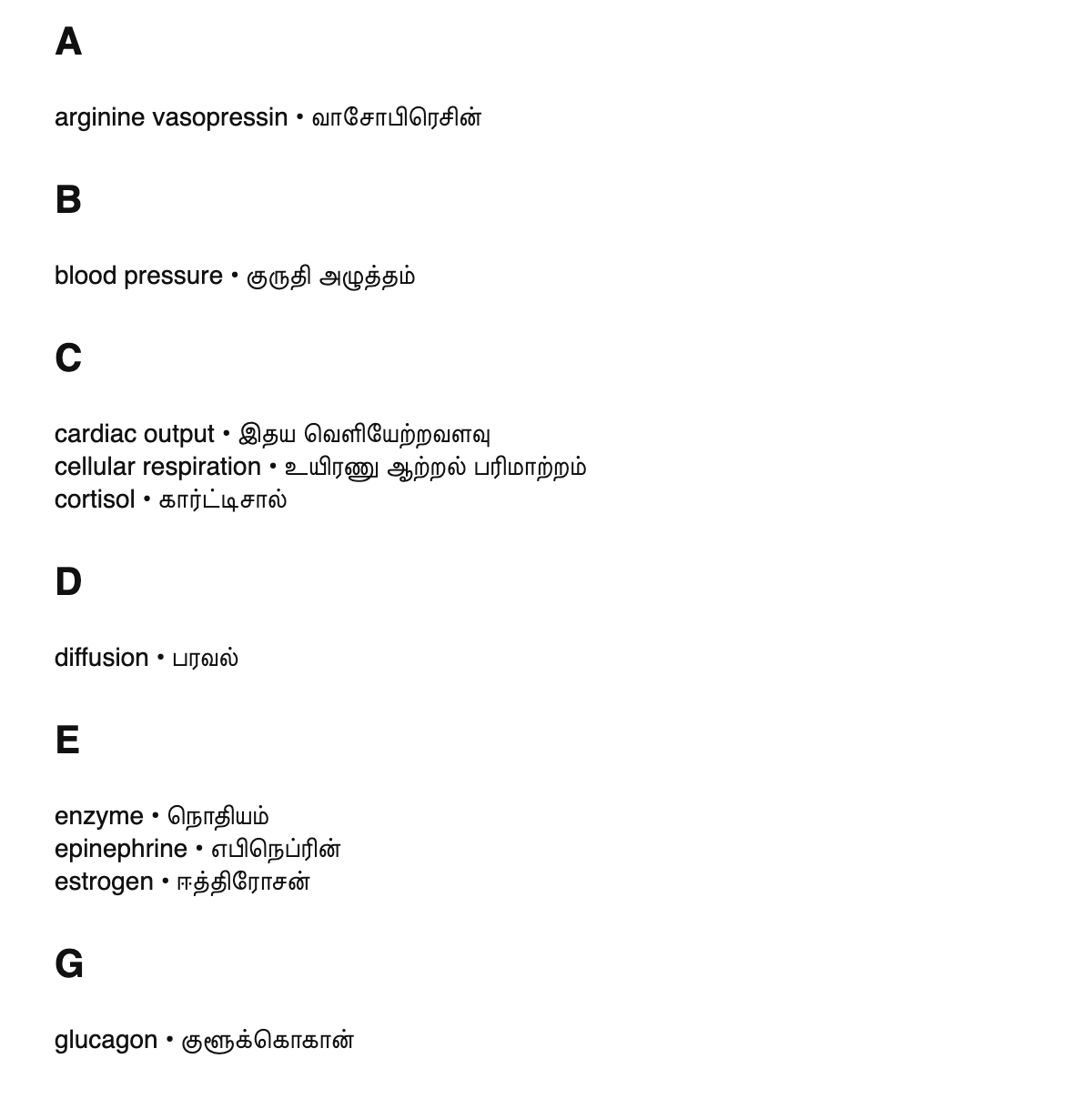 Physiology terms in Tamil