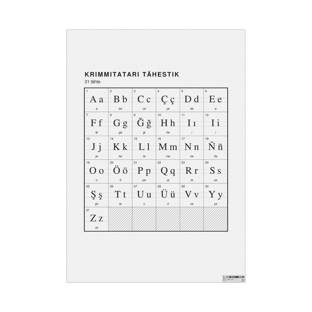 Leskoff Crimean Tatar Alphabet Chart, 23.4 x 33.1 in (59.4 x 84.1 cm, Poster / Wall Chart), Estonian-Labeled, image 1 of 2