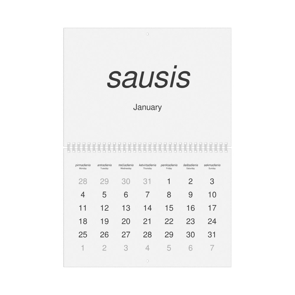 Leskoff 2027 Wall Calendar, Lithuanian/English-Labeled, Monday-Start Layout, Wire-Bound, 11.7 x 8.3 in (29.7 x 21.0 cm), image 1 of 1