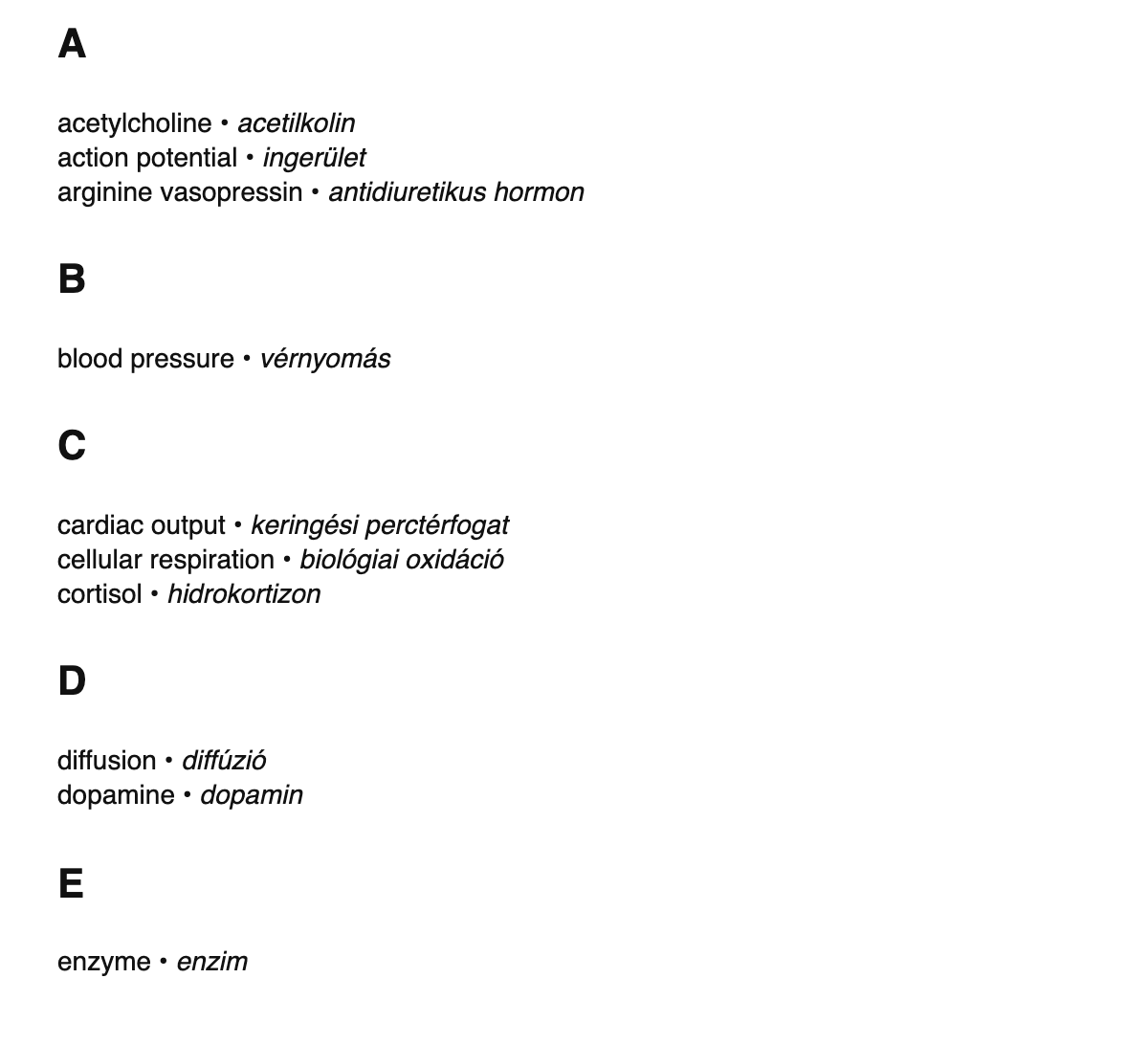 Physiology terms in Hungarian