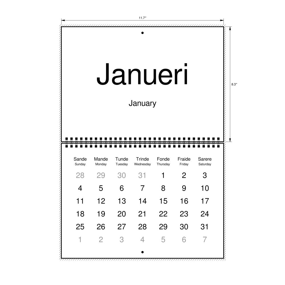 Leskoff 2026 Wall Calendar, Tok Pisin/English-Labeled, Sunday-Start Layout, Wire-Bound, 11.7 x 8.3 in (29.7 x 21.0 cm), image 1 of 1