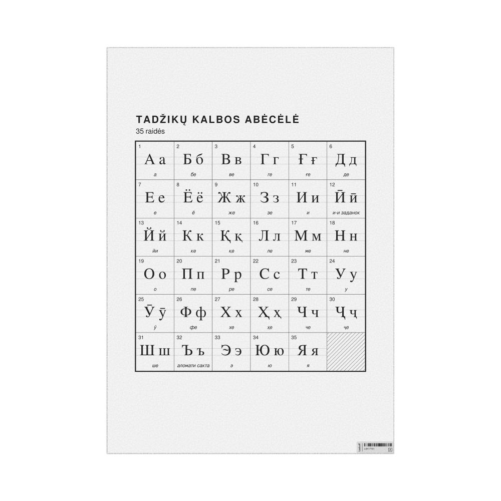 Leskoff Tajik Alphabet Chart, 23.4 x 33.1 in (59.4 x 84.1 cm, Poster / Wall Chart), Lithuanian-Labeled, image 1 of 2