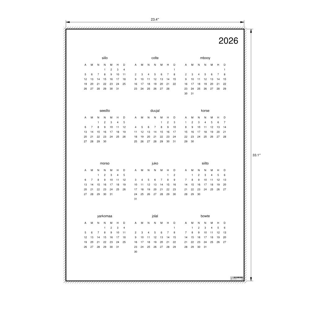 Leskoff 2026 Wall Calendar, Fula-Labeled, Monday-Start Layout, Poster / Wall Print, 23.4 x 33.1 in (59.4 x 84.1 cm), image 2 of 2