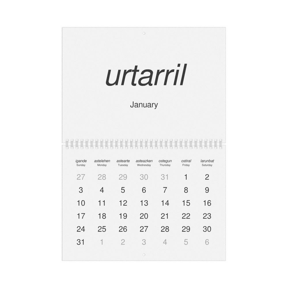 Leskoff 2027 Wall Calendar, Basque/English-Labeled, Sunday-Start Layout, Wire-Bound, 11.7 x 8.3 in (29.7 x 21.0 cm), image 1 of 1