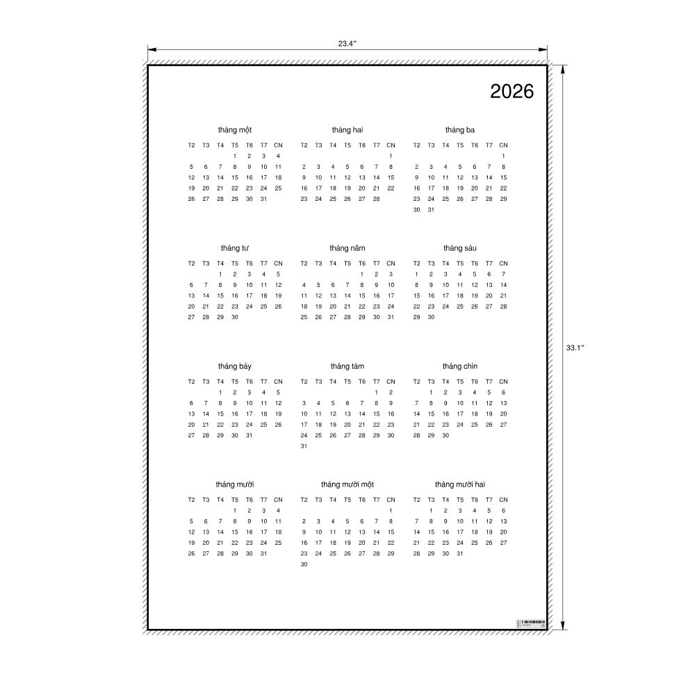 Leskoff 2026 Wall Calendar, Vietnamese-Labeled, Monday-Start Layout, Poster / Wall Print, 23.4 x 33.1 in (59.4 x 84.1 cm), image 2 of 2