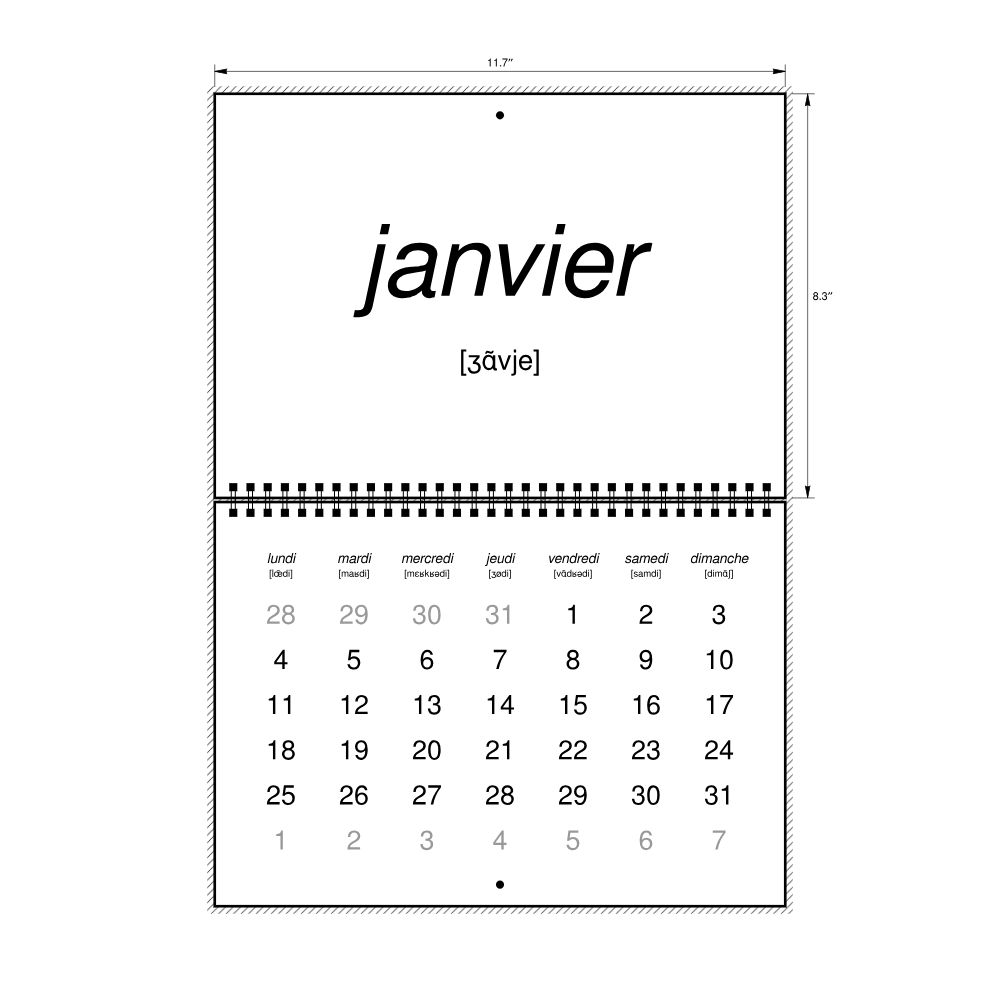 Leskoff 2027 Phonetic Wall Calendar, French-Labeled with IPA, Monday-Start Layout, Wire-Bound, 11.7 x 8.3 in (29.7 x 21.0 cm), image 2 of 2