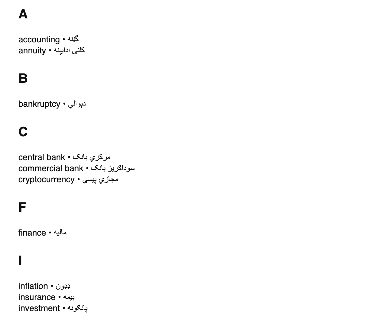 Finance terms in Pashto