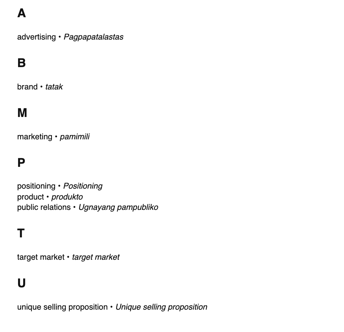 Marketing terms in Tagalog