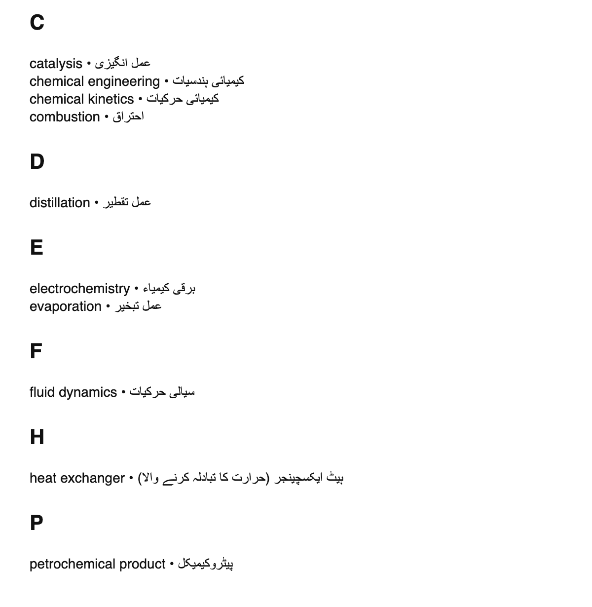 Chemical engineering terms in Urdu