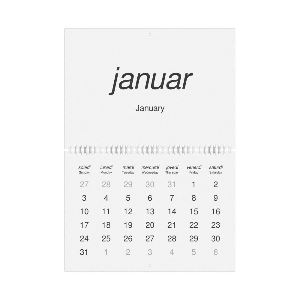 Leskoff 2027 Wall Calendar, Interlingue/English-Labeled, Sunday-Start Layout, Wire-Bound, 11.7 x 8.3 in (29.7 x 21.0 cm), image 1 of 1