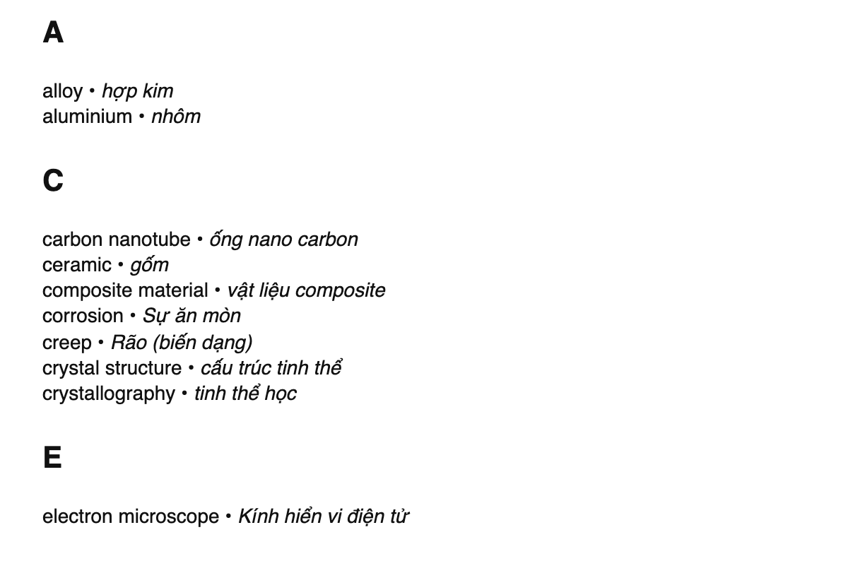 Materials science terms in Vietnamese