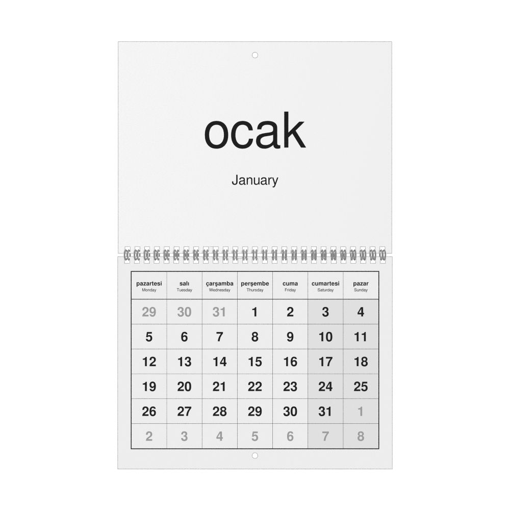 Leskoff 2026 Wall Calendar, Turkish/English-Labeled, Monday-Start Layout, Wire-Bound, 11 x 8.5 in (27.9 x 21.6 cm), image 1 of 1