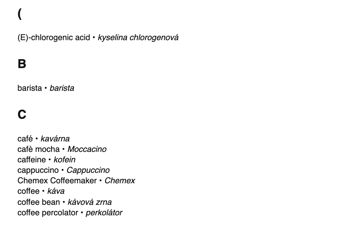 Coffee terms in Czech