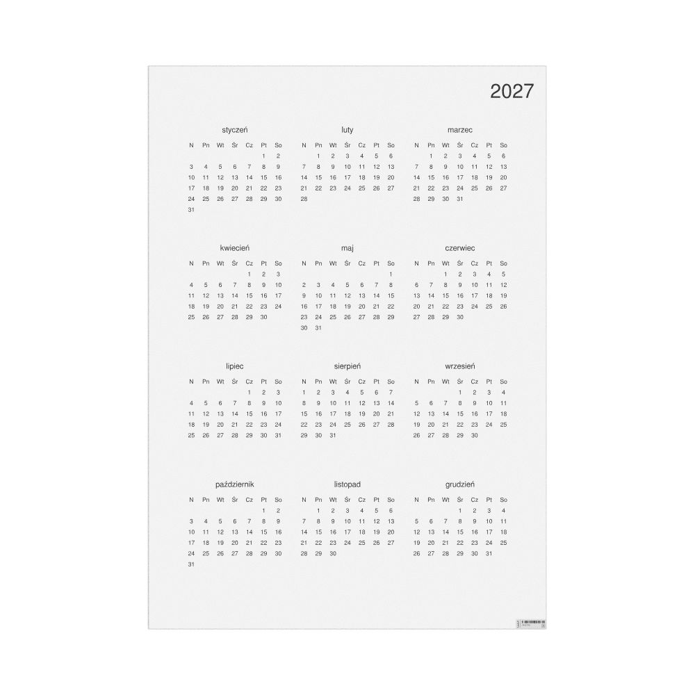 Leskoff 2027 Wall Calendar, Polish-Labeled, Sunday-Start Layout, Poster / Wall Print, 23.4 x 33.1 in (59.4 x 84.1 cm), image 1 of 1