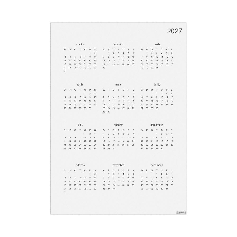 Leskoff 2027 Wall Calendar, Latvian-Labeled, Sunday-Start Layout, Poster / Wall Print, 23.4 x 33.1 in (59.4 x 84.1 cm), image 1 of 1