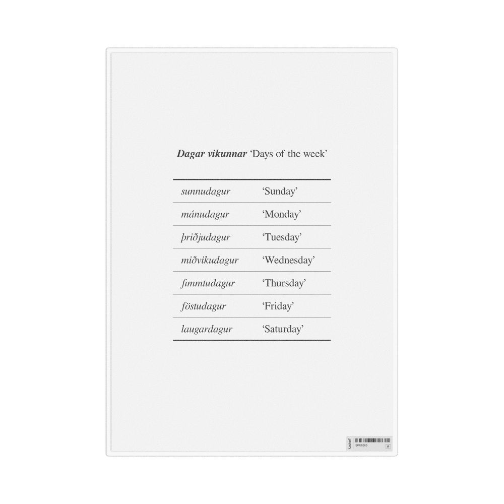 Leskoff Days of the Week in Icelandic, Desk Chart, 8.3 x 11.7 in (21.0 x 29.7 cm), image 1 of 1