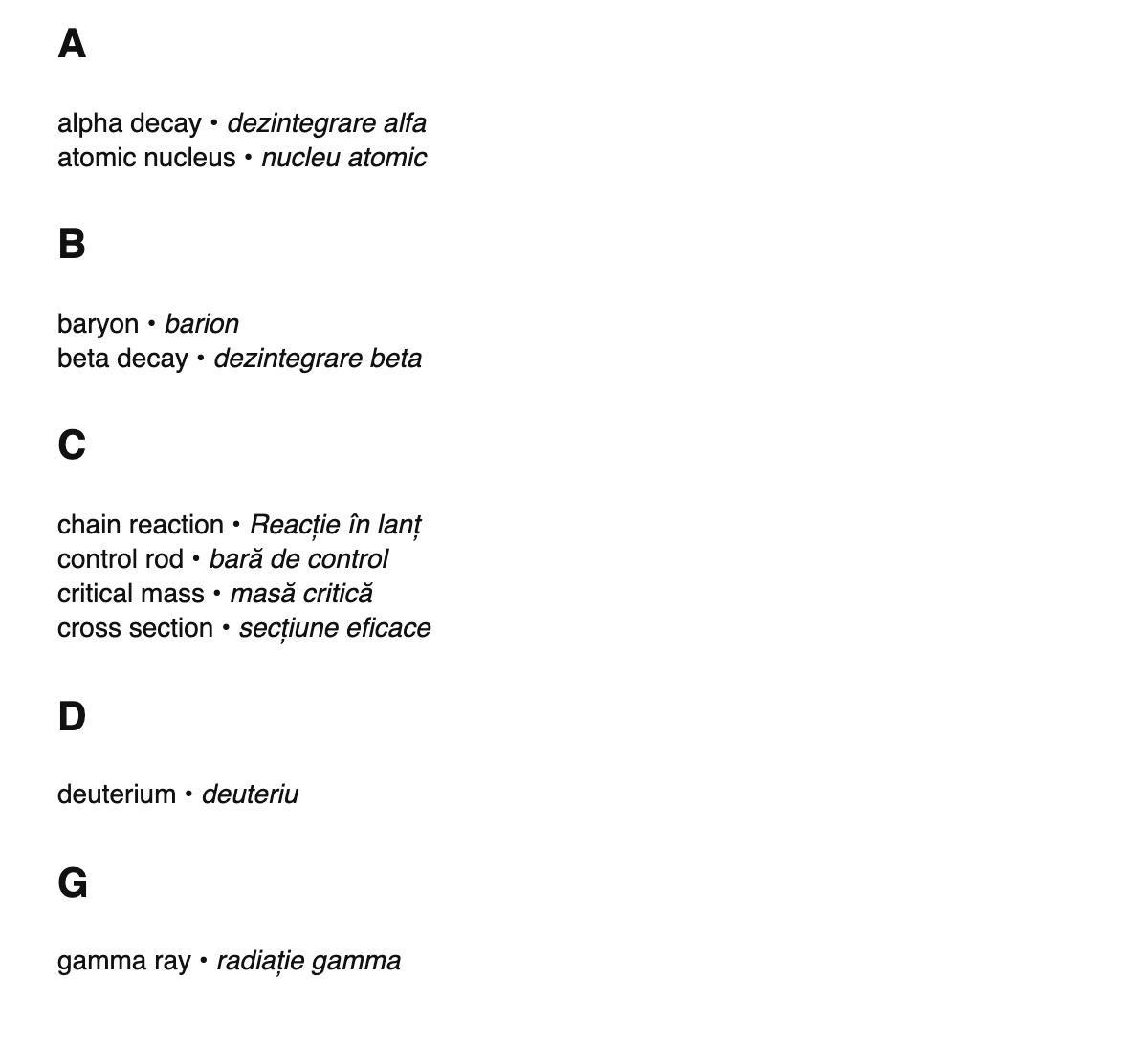 Nuclear physics terms in Romanian