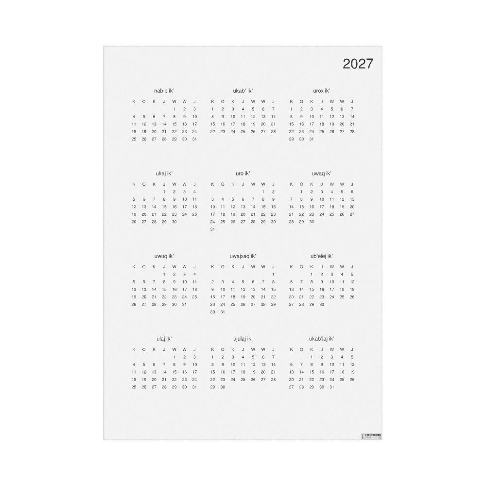 Leskoff 2027 Wall Calendar, Kʼicheʼ-Labeled, Monday-Start Layout, Poster / Wall Print, 23.4 x 33.1 in (59.4 x 84.1 cm), image 1 of 1