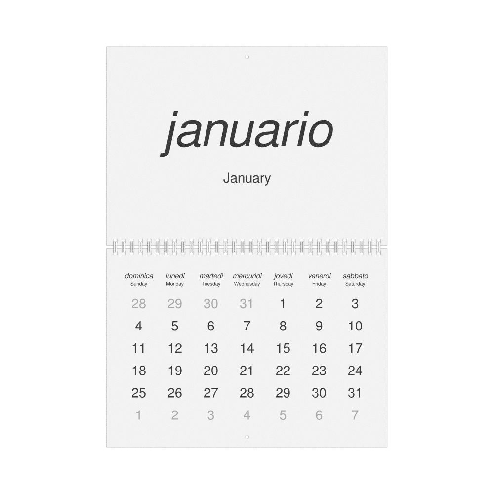 Leskoff 2026 Wall Calendar, Interlingua/English-Labeled, Sunday-Start Layout, Wire-Bound, 11.7 x 8.3 in (29.7 x 21.0 cm), image 1 of 1