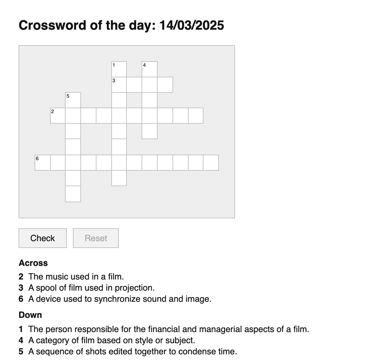 Filmmaking Crossword
